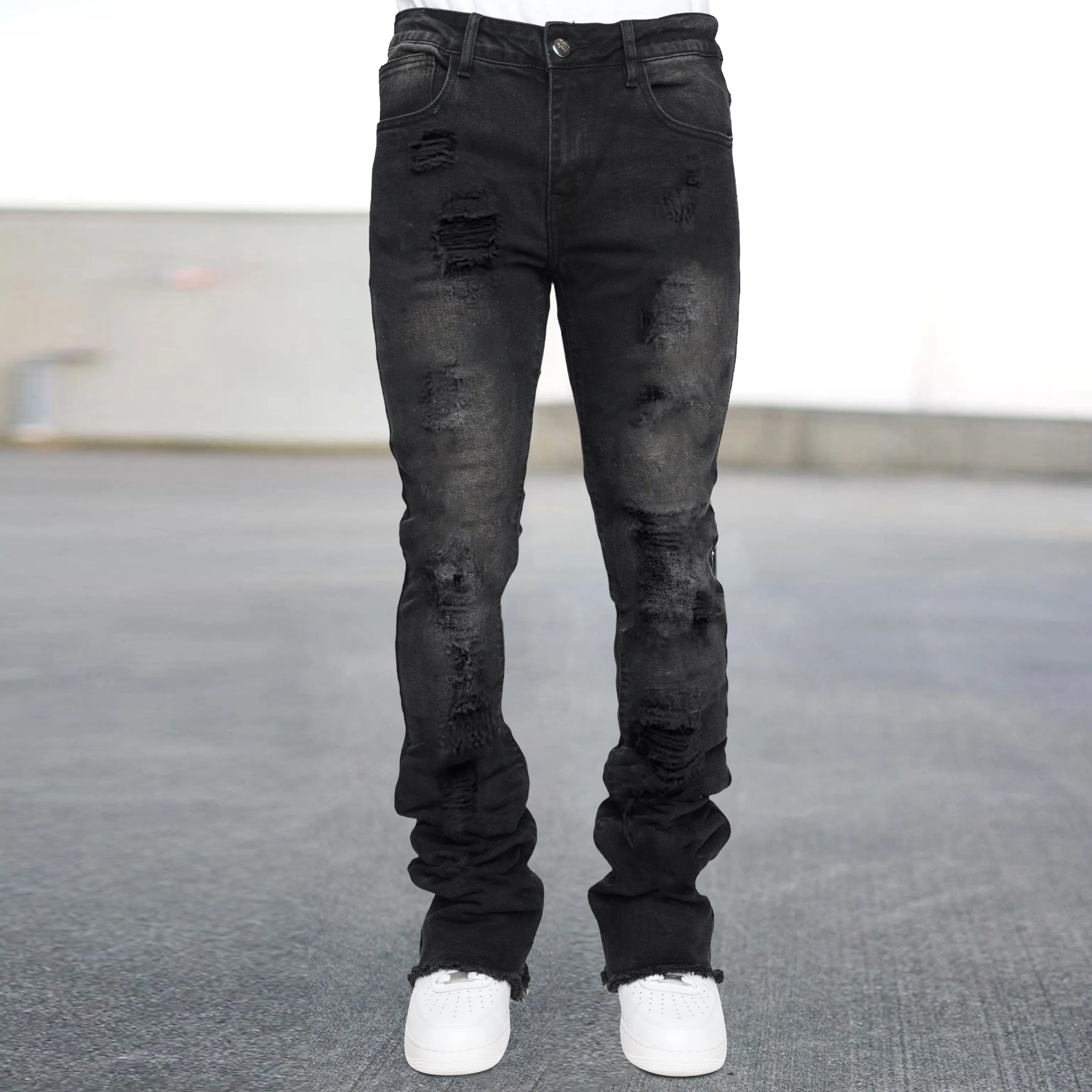 Beauty street raw edge fake hole denim trendy brand slightly booted trousers