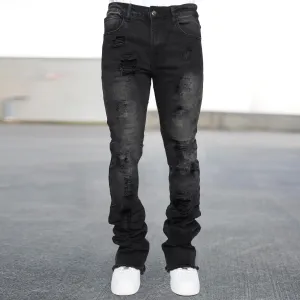 Beauty street raw edge fake hole denim trendy brand slightly booted trousers