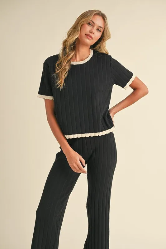 Belle Short Sleeve Ribbed Sweater Top And Pants Set Black