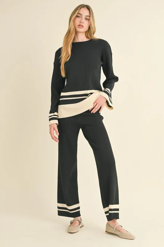 Beverly Long Sleeve Stripe Sweater Top And Pants Set Black