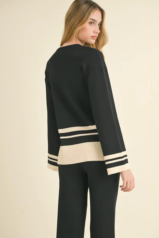 Beverly Long Sleeve Stripe Sweater Top And Pants Set Black