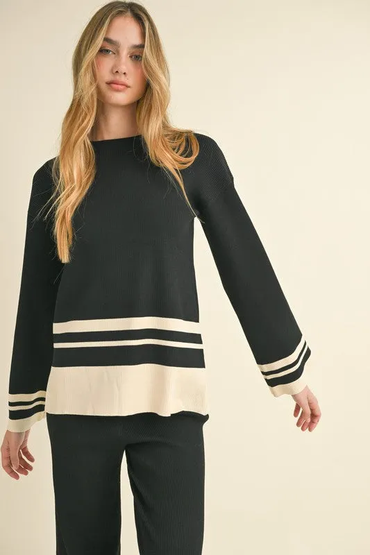 Beverly Long Sleeve Stripe Sweater Top And Pants Set Black