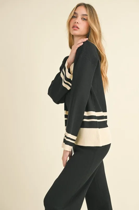 Beverly Long Sleeve Stripe Sweater Top And Pants Set Black