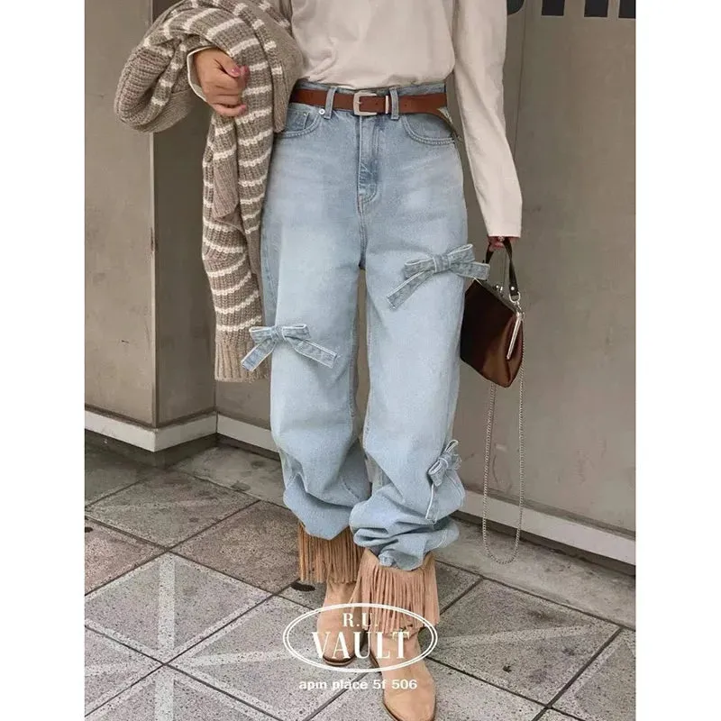 Black Bow Baggy Korean Cowboy Pants for Women