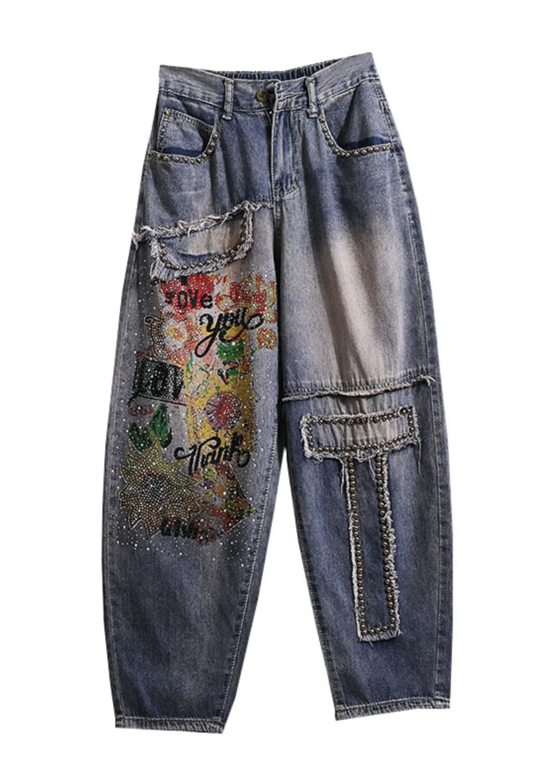 Bohemian Blue Pockets DIY Zircon Rivet Denim Pants Spring QQ1049