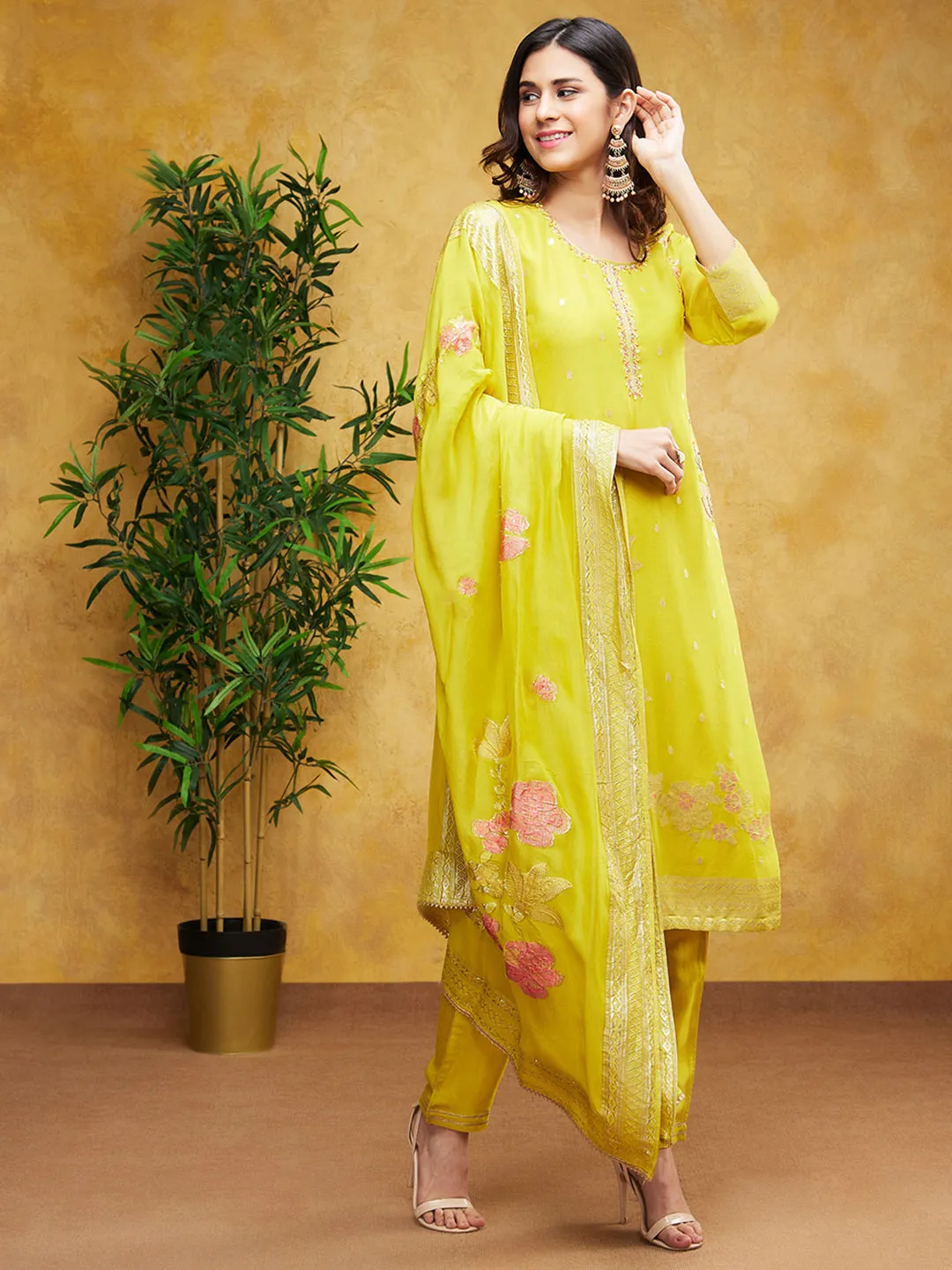 Bright Yellow Embellished Dola Silk Pants Set