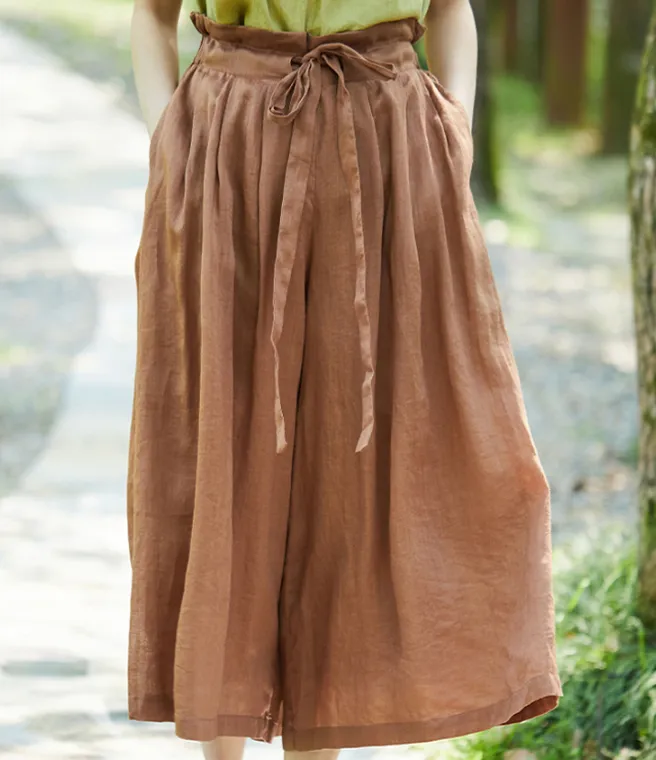 Brown linen Summer Loose Wide Leg Women Casual Pants Elastic Waist WG05131