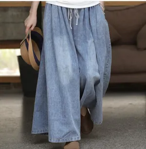 Denim BLue Loose Casual Women Cotton Harem Pants Wide Leg Pants SJ981106