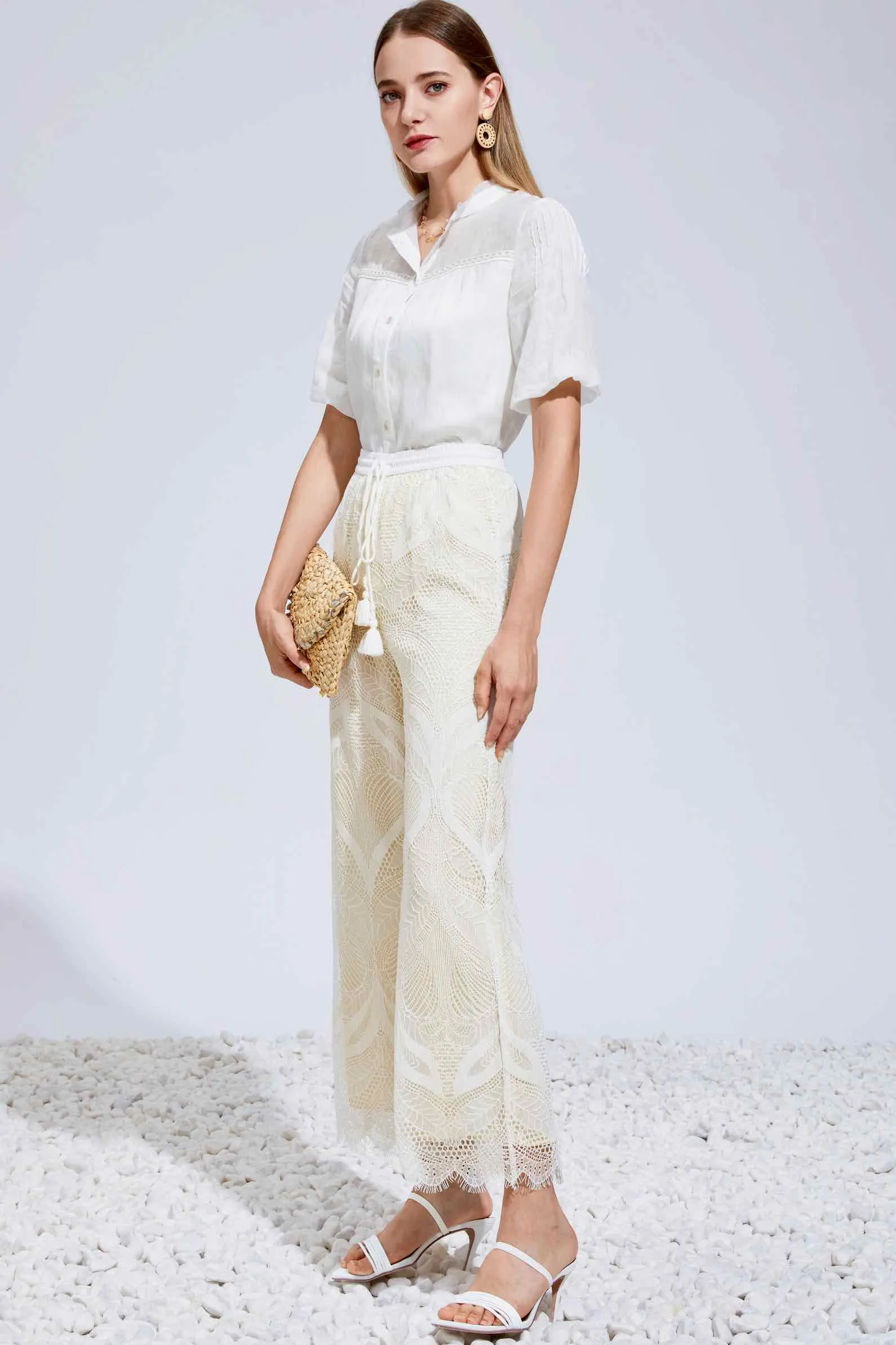 Ella Lace Pants - Cream/White