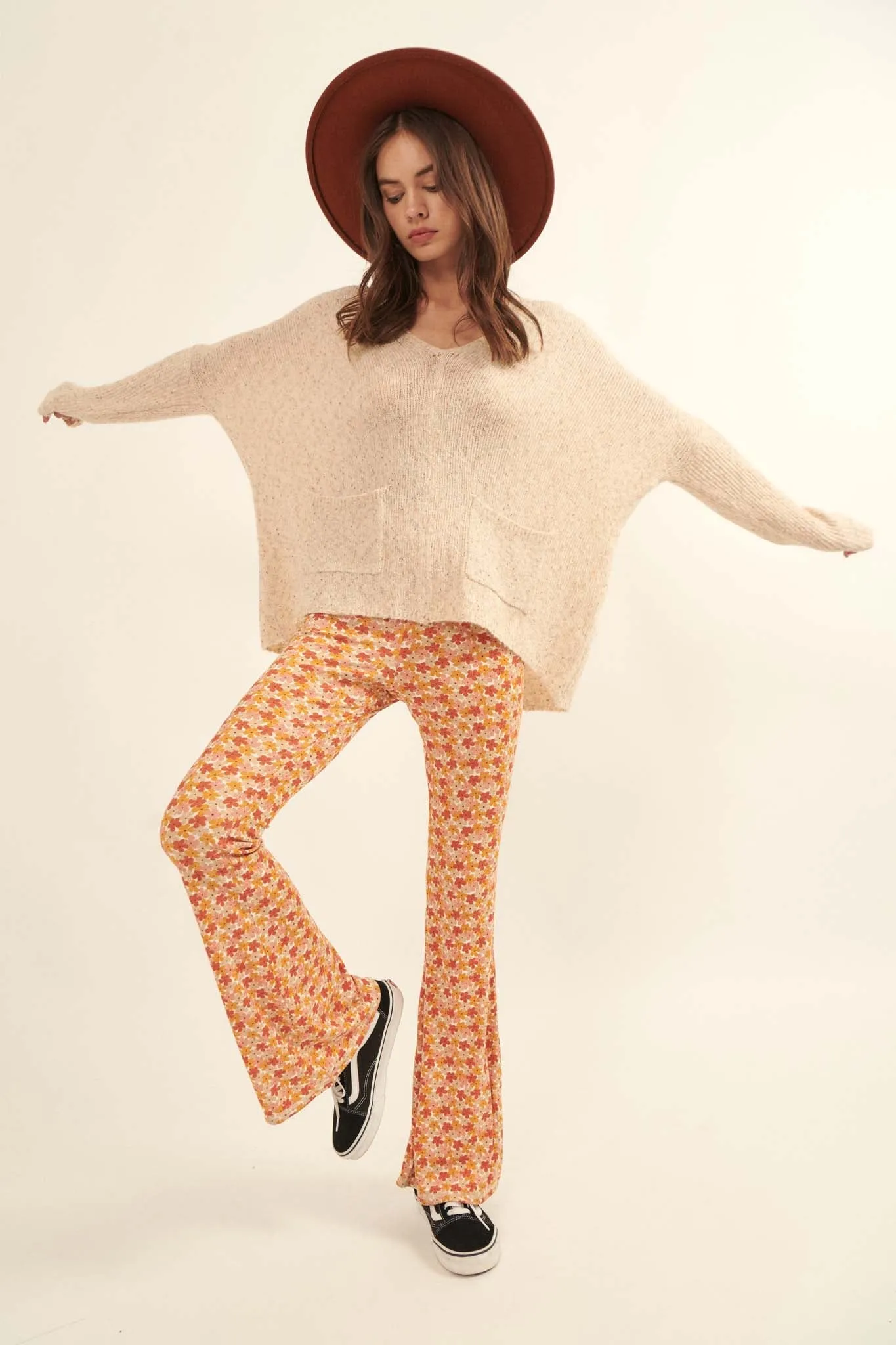 Far-Out Flowers Floral Rib-Knit Flare Pants