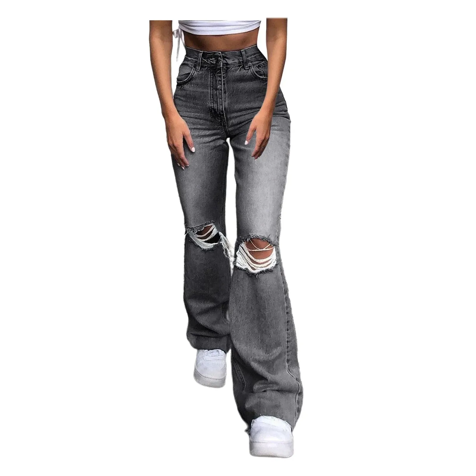 Fashion High Waisted Denim Flare Ripped Holes Trousers Vintage Straight Baggy Blue Streetwear Women Pants