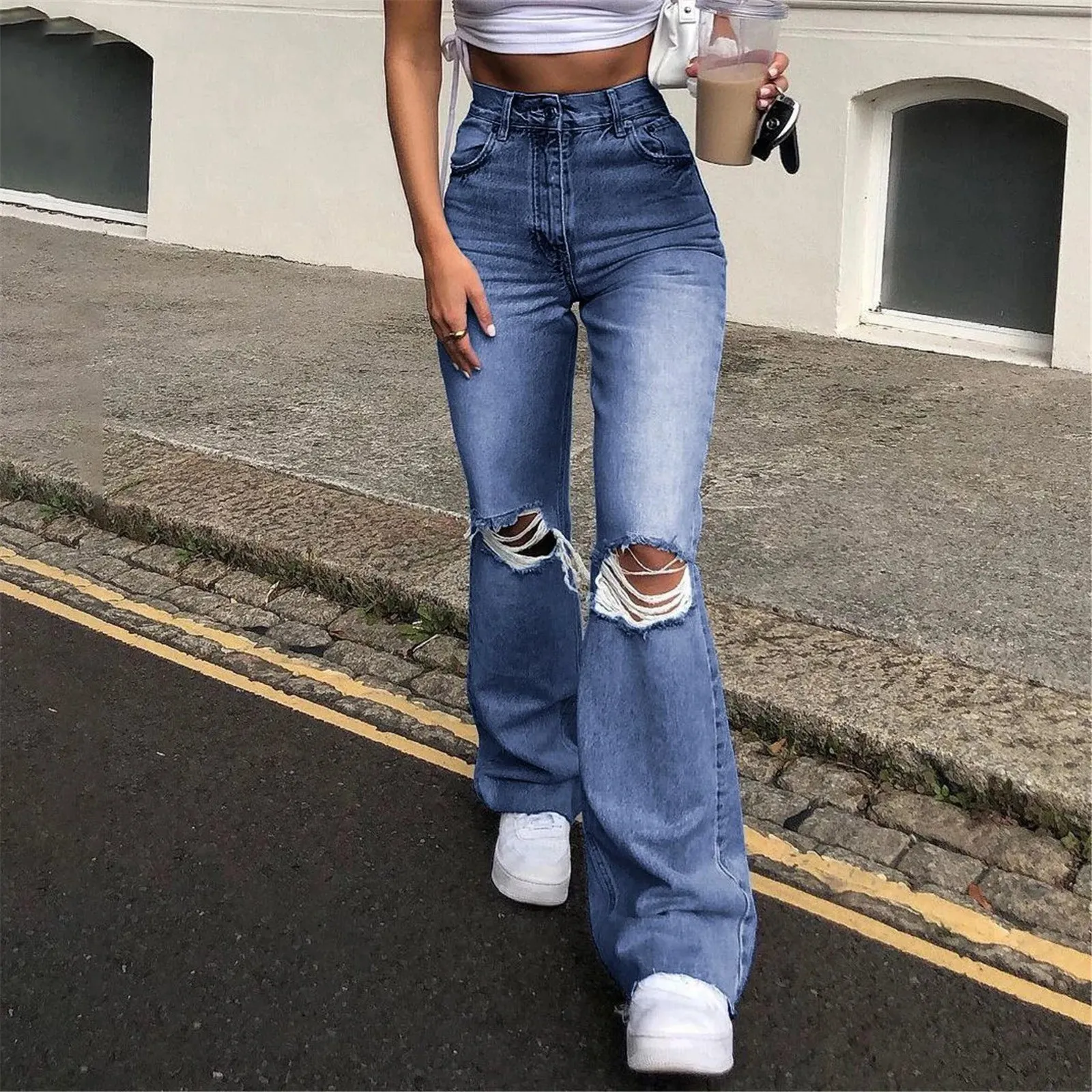 Fashion High Waisted Denim Flare Ripped Holes Trousers Vintage Straight Baggy Blue Streetwear Women Pants