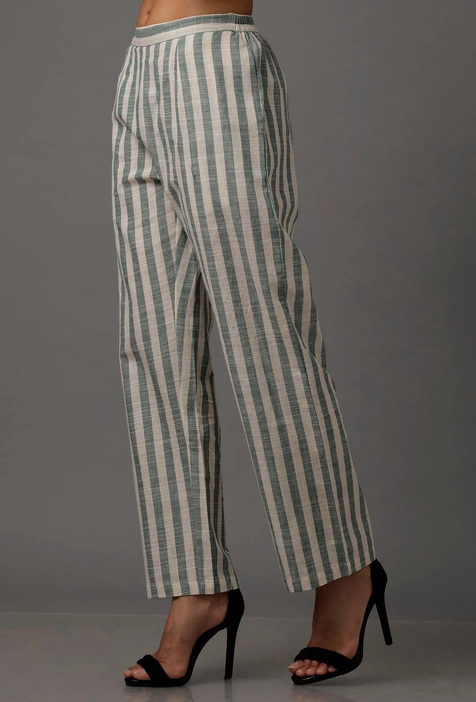 Green and White Stripes Pure Woven Cotton Pants