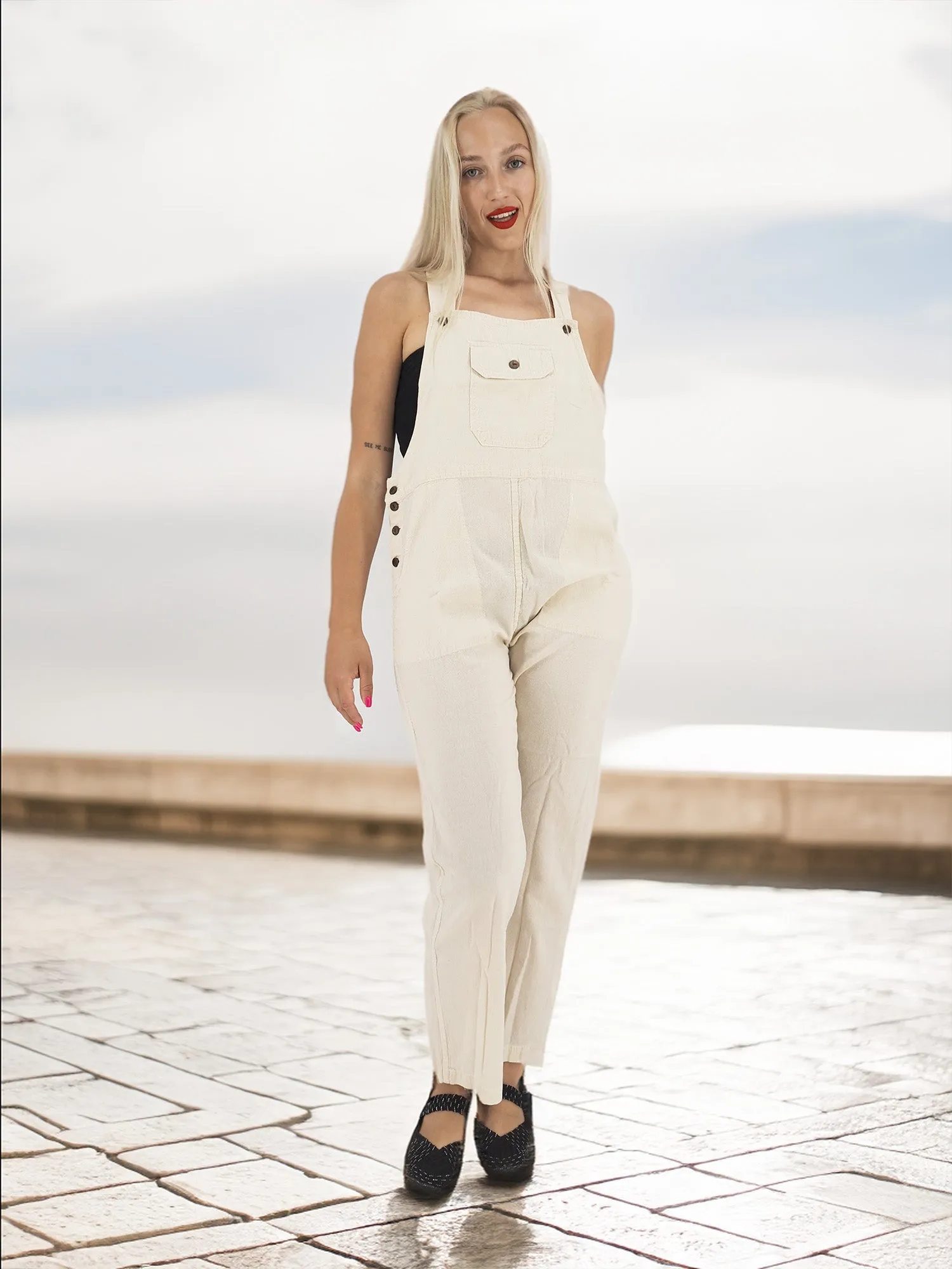 Handmade Fitted Boho Casual Cotton Pants Overall Jumper Size S/M Off White