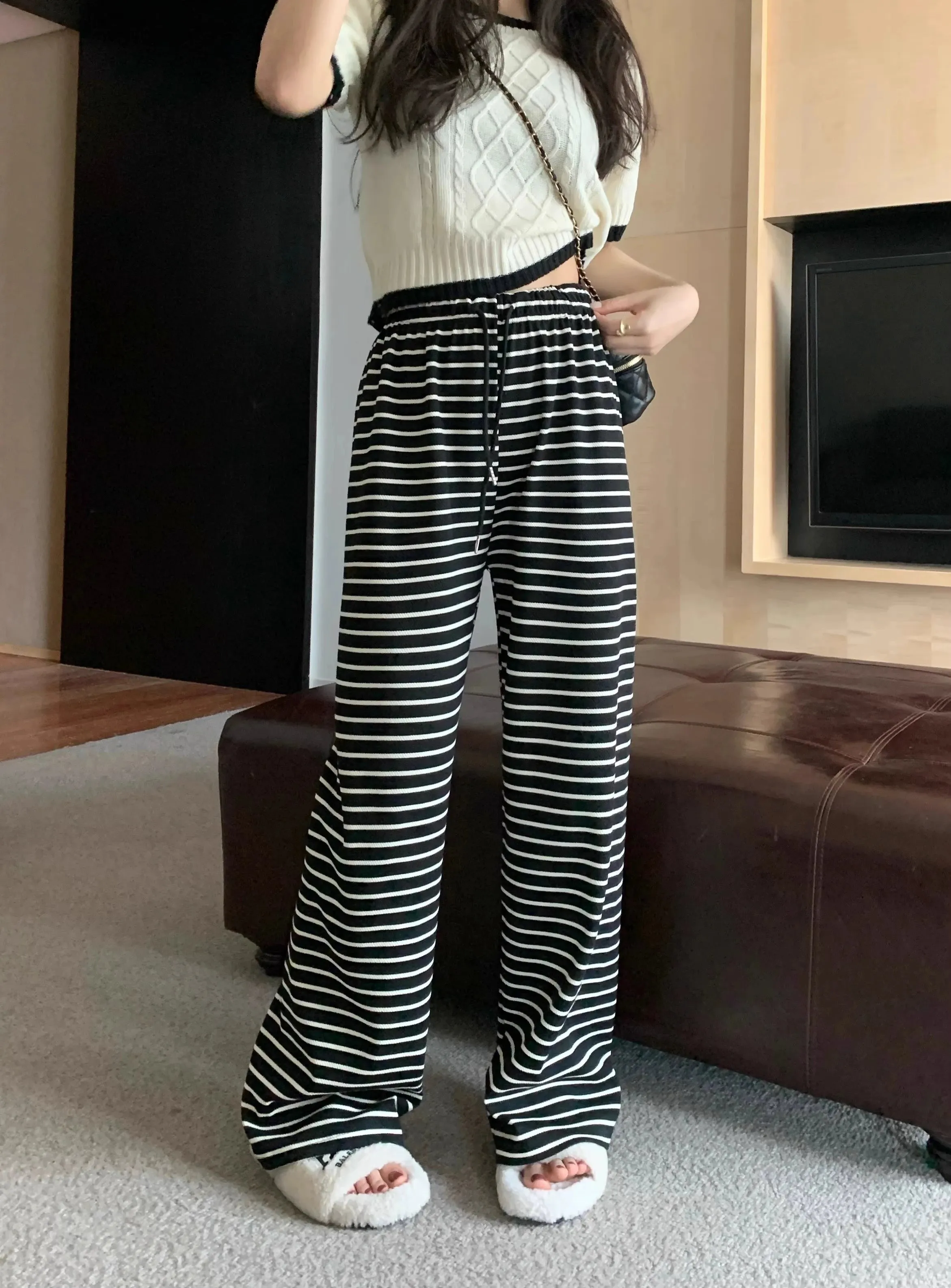 High Quality Cool Cotton Striped Casual Spring Summer High Waist Pants