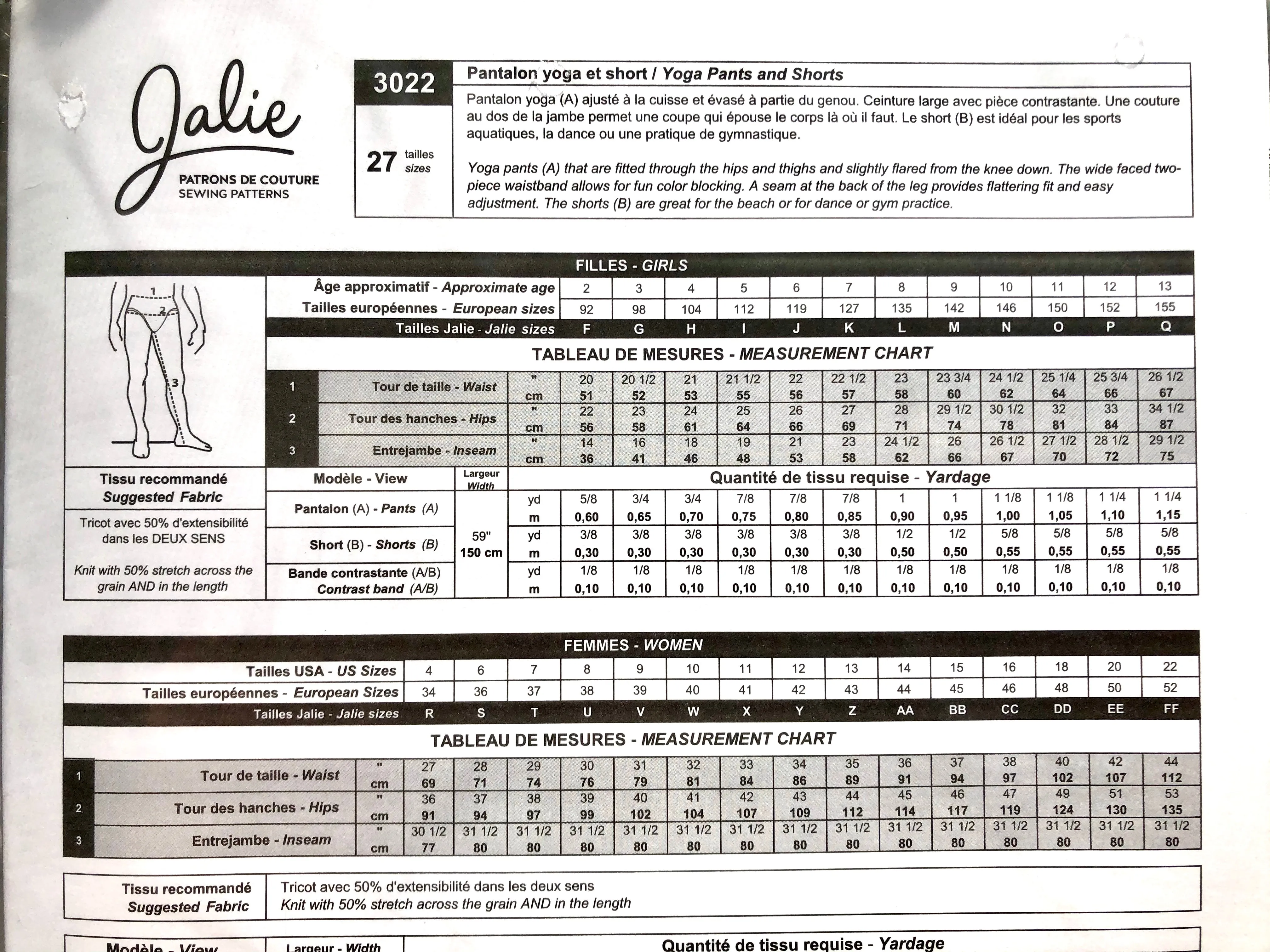 Jalie Yoga Pants and Shorts Pattern 3022