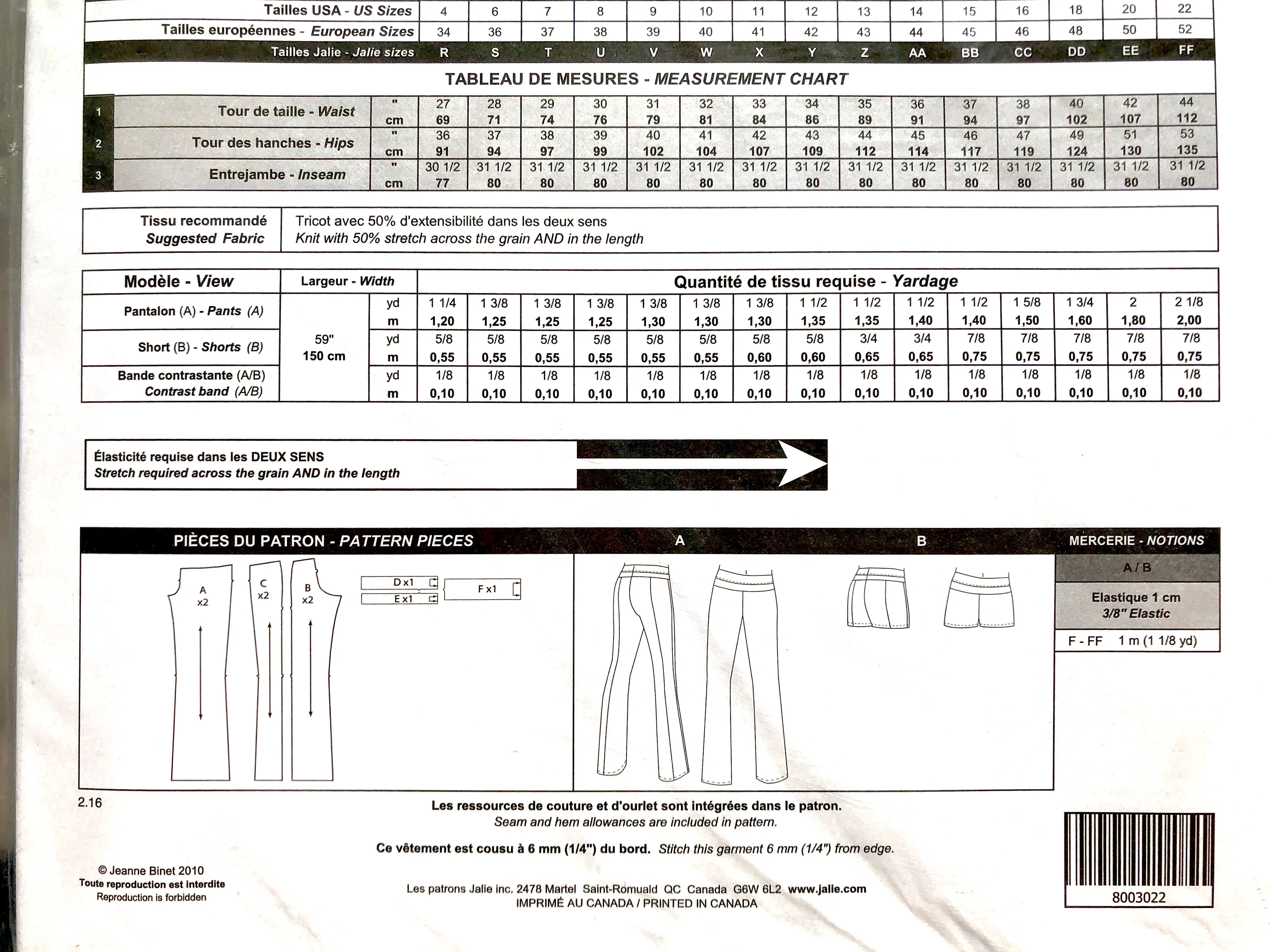 Jalie Yoga Pants and Shorts Pattern 3022