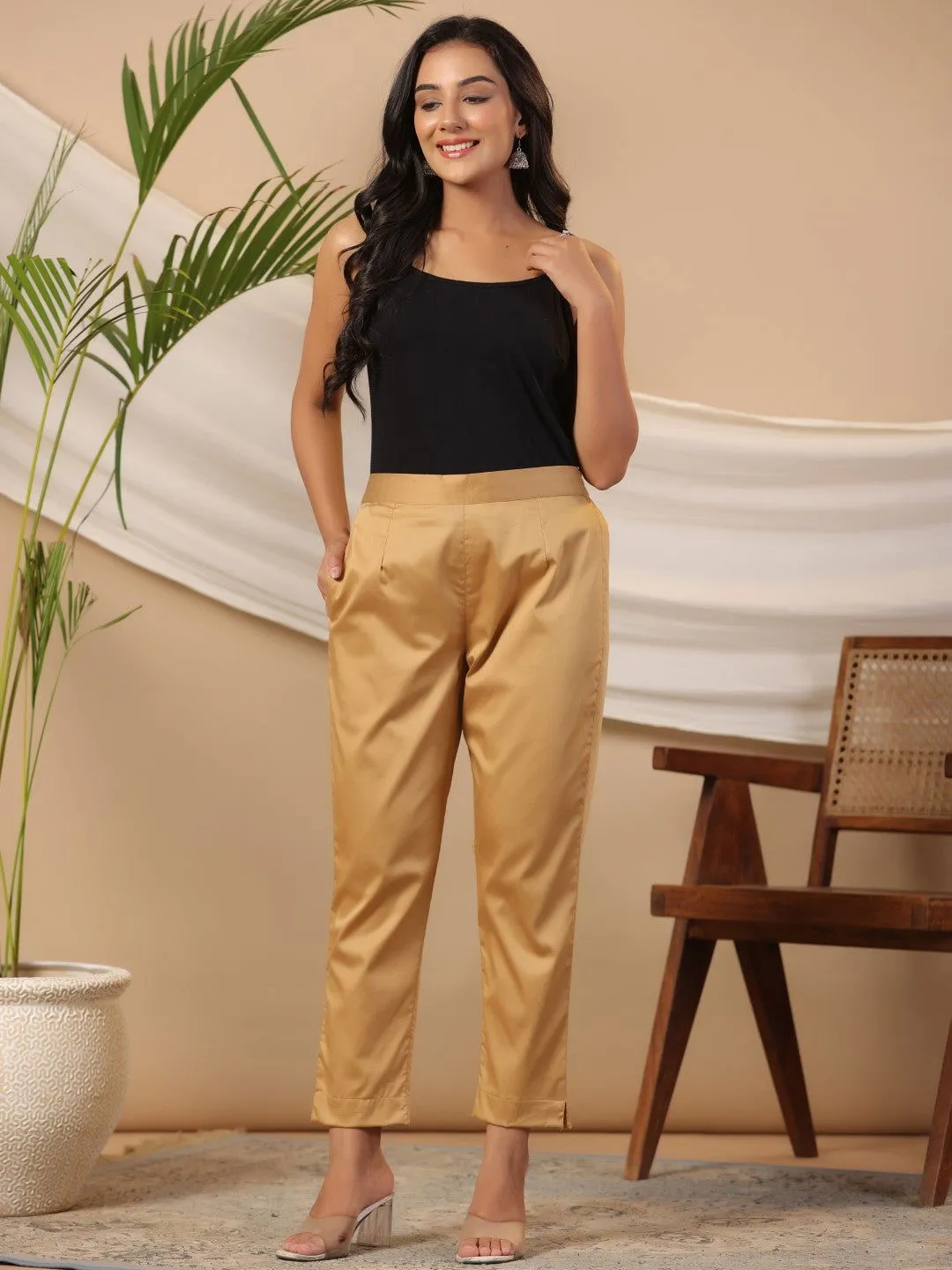 Jashvi Gold Solid Lycra Women Drawstring Pants With Single Side Pocket