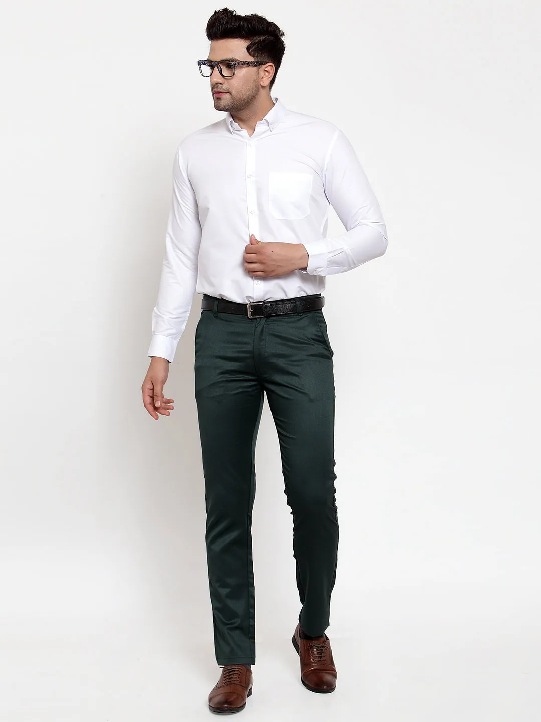 Jashvi Men's Olive Tapered Fit Formal Trousers