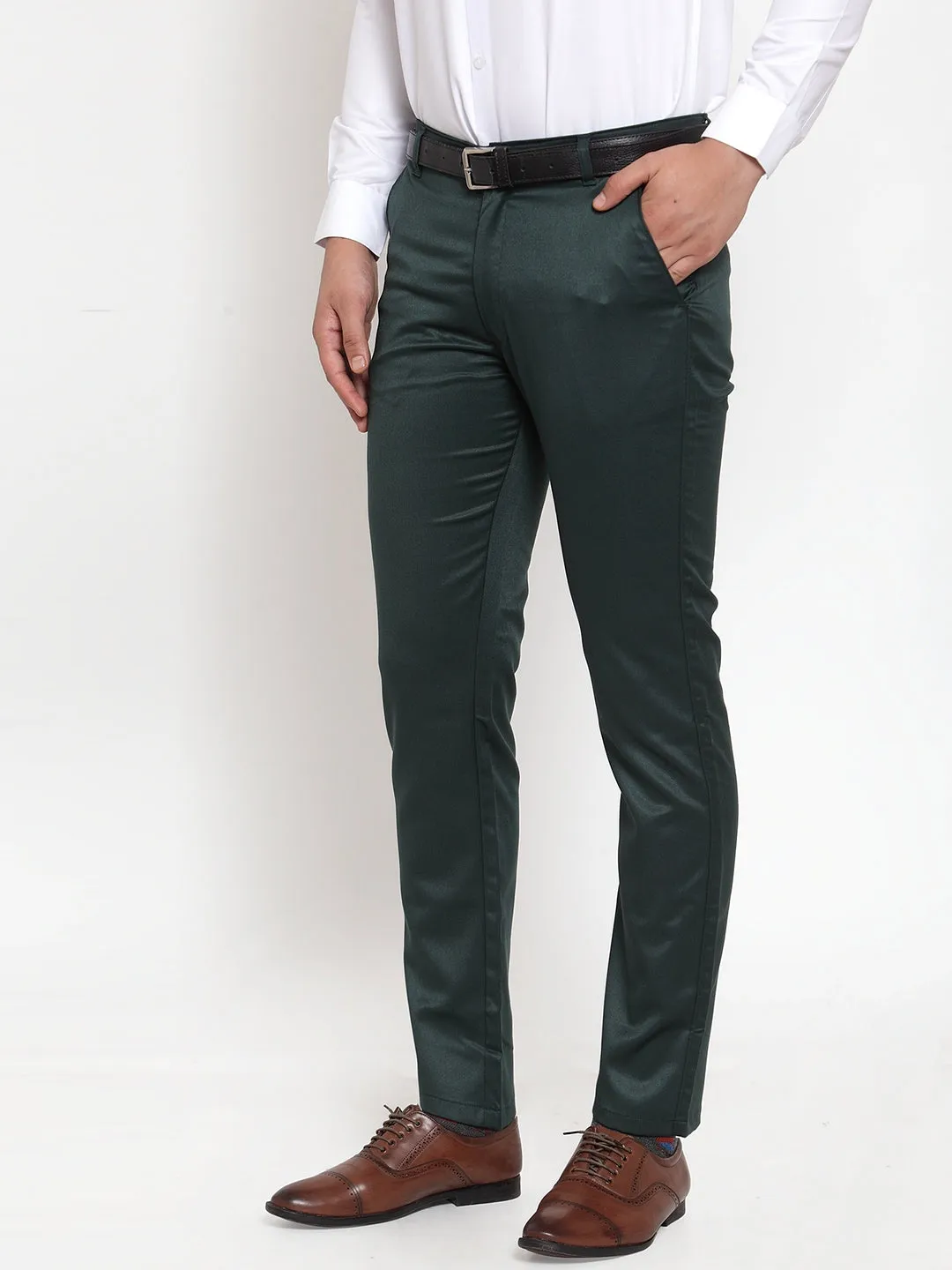 Jashvi Men's Olive Tapered Fit Formal Trousers