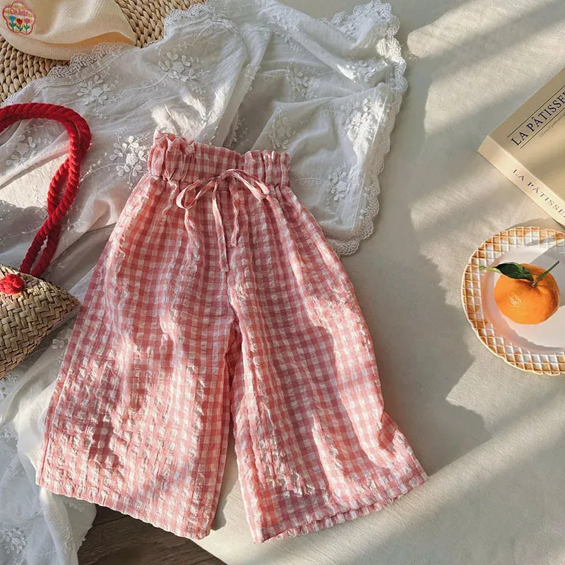 Kids Pants Plaid Printed Wide-leg Pants Flower Waist Summer Culottes Girls Pants Kids Clothes for Girls 2 To 8 Years