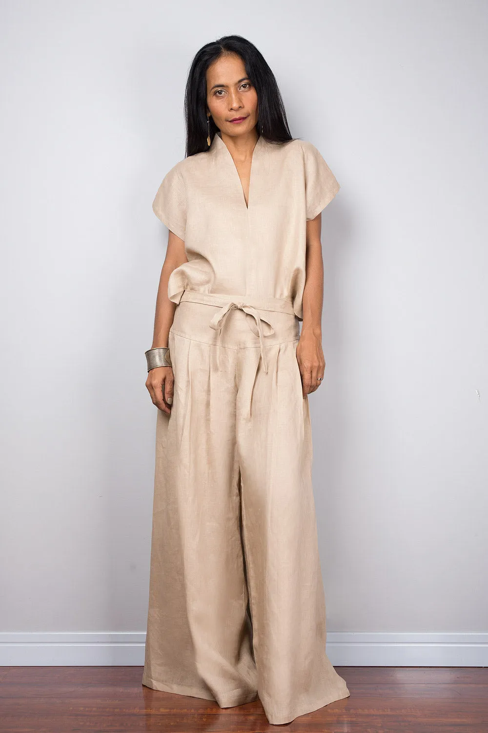 Linen wide leg palazzo pants. High waist women's summer pants