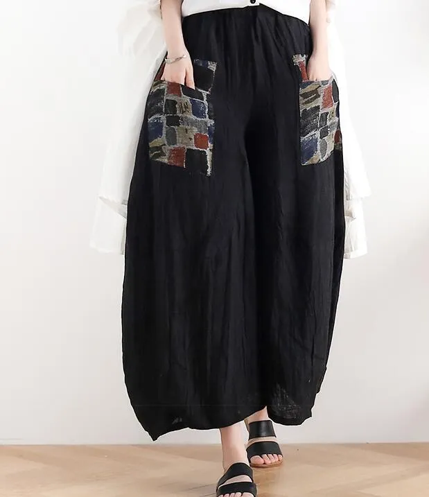 Loose large harem Linen Wide Leg Applique Women Casual Pants AMT05131