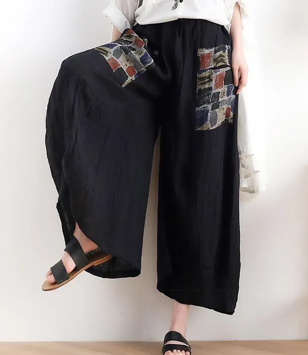 Loose large harem Linen Wide Leg Applique Women Casual Pants AMT05131