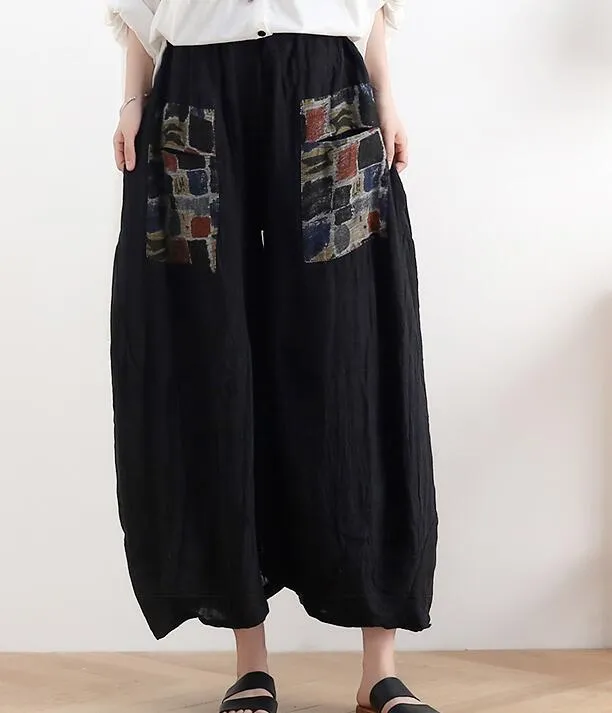 Loose large harem Linen Wide Leg Applique Women Casual Pants AMT05131