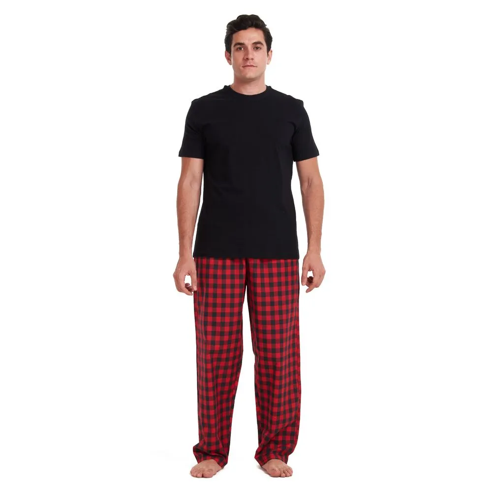 Men summer pajama set Black T-shirt  Red checkered pants