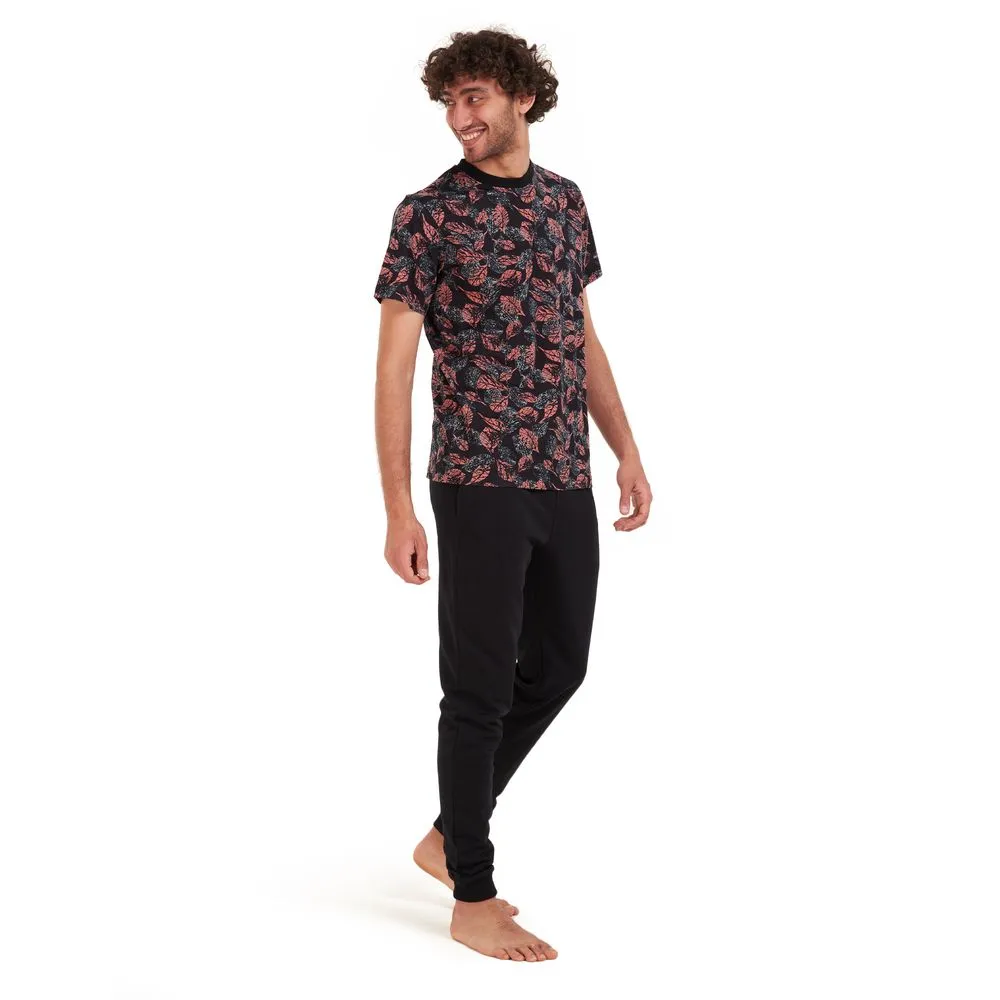 Men summer pajama set Cashmere leaves t-shirt  Black pants