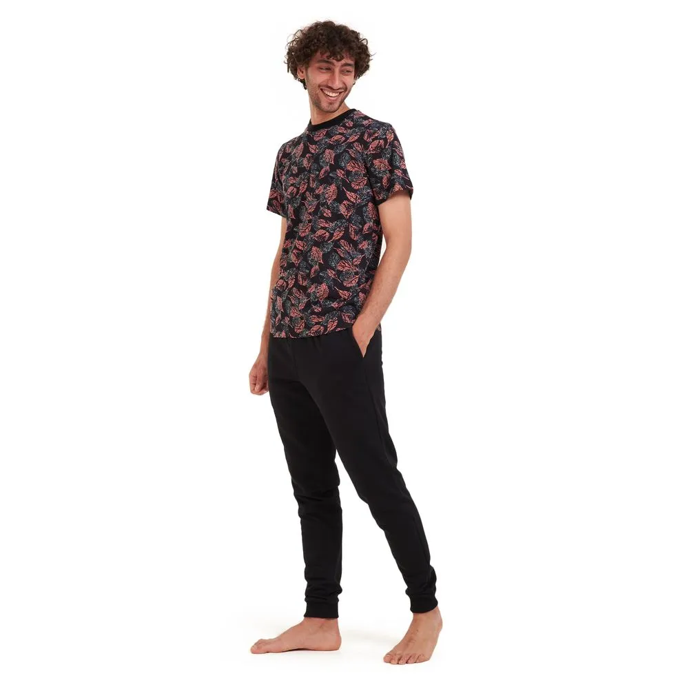 Men summer pajama set Cashmere leaves t-shirt  Black pants