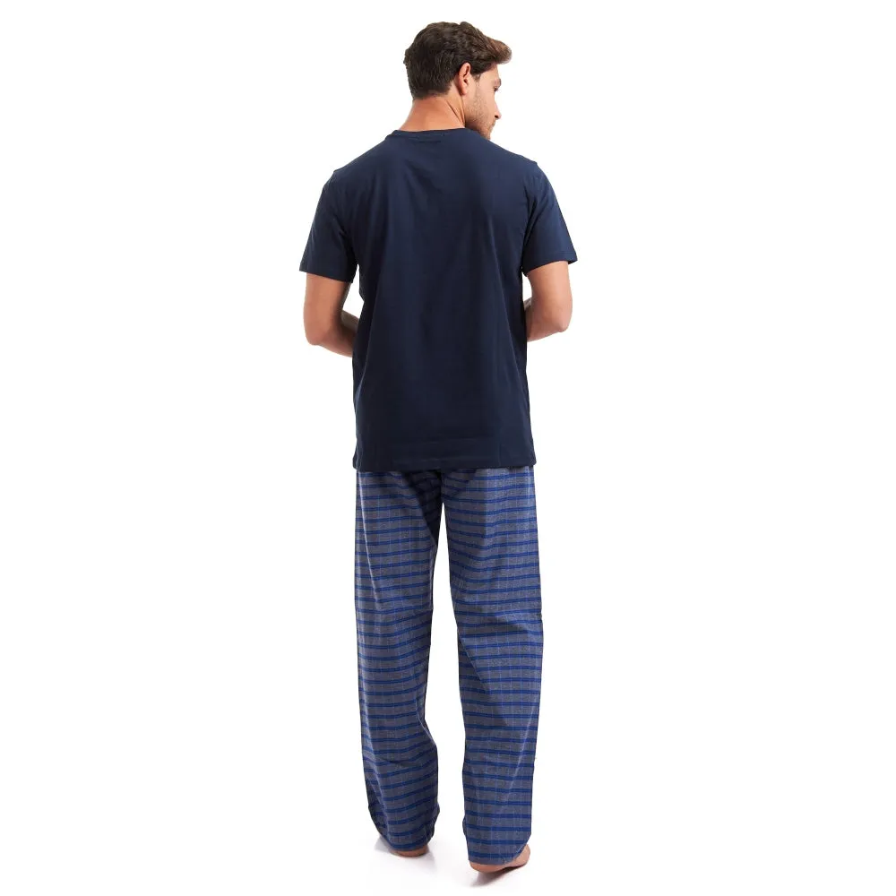 Men summer pajama set Dark Blue t-shirt   Checkered pants