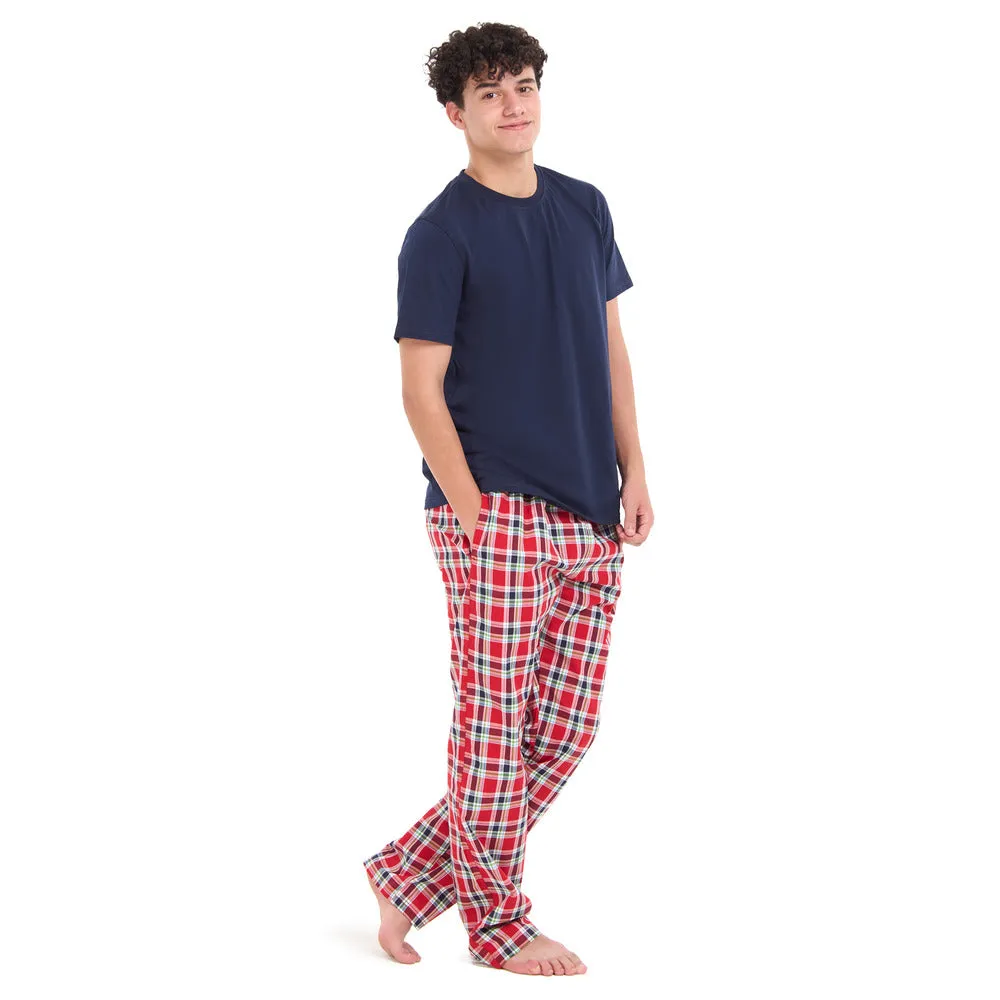 Men summer pajama set Dark blue T-shirt   Red x Dark blue checkered Pants