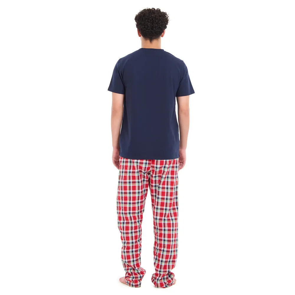 Men summer pajama set Dark blue T-shirt   Red x Dark blue checkered Pants