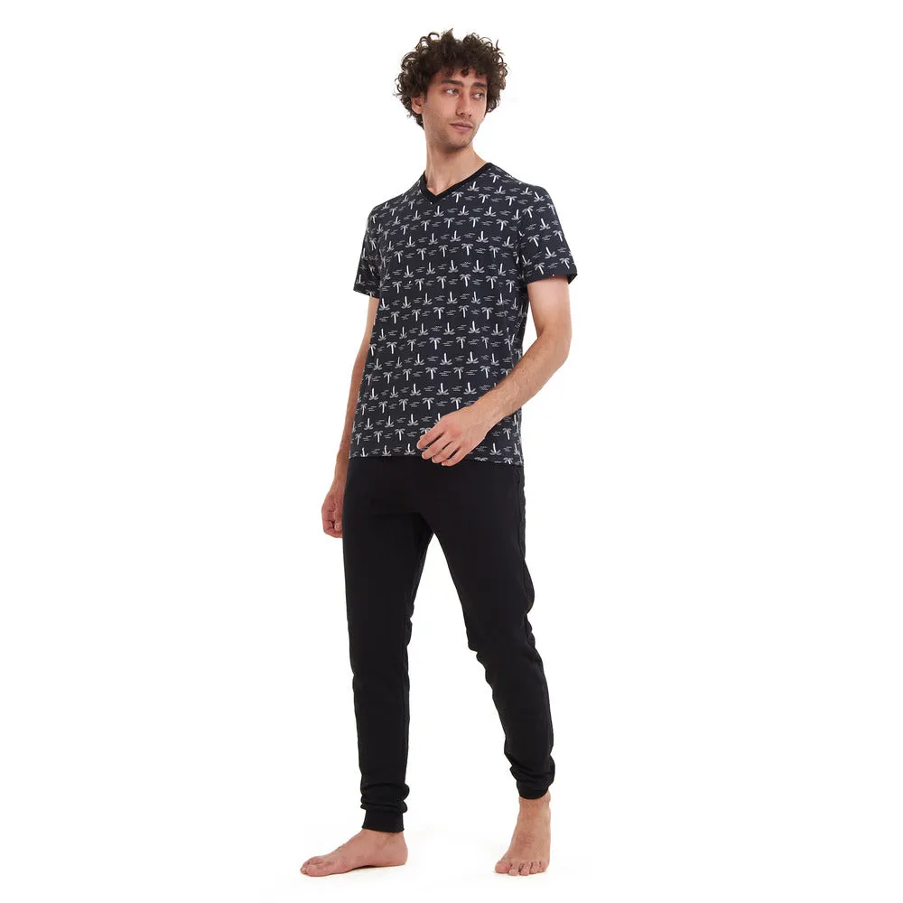 Men summer pajama set Palm Trees T-shirt   Black pants