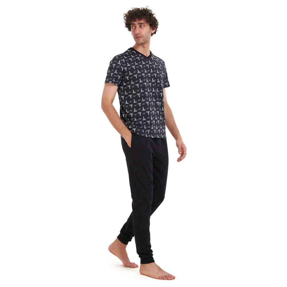 Men summer pajama set Palm Trees T-shirt   Black pants