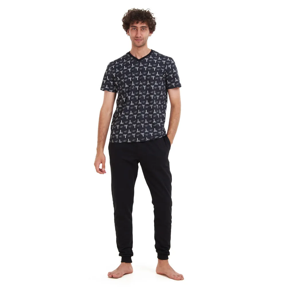 Men summer pajama set Palm Trees T-shirt   Black pants