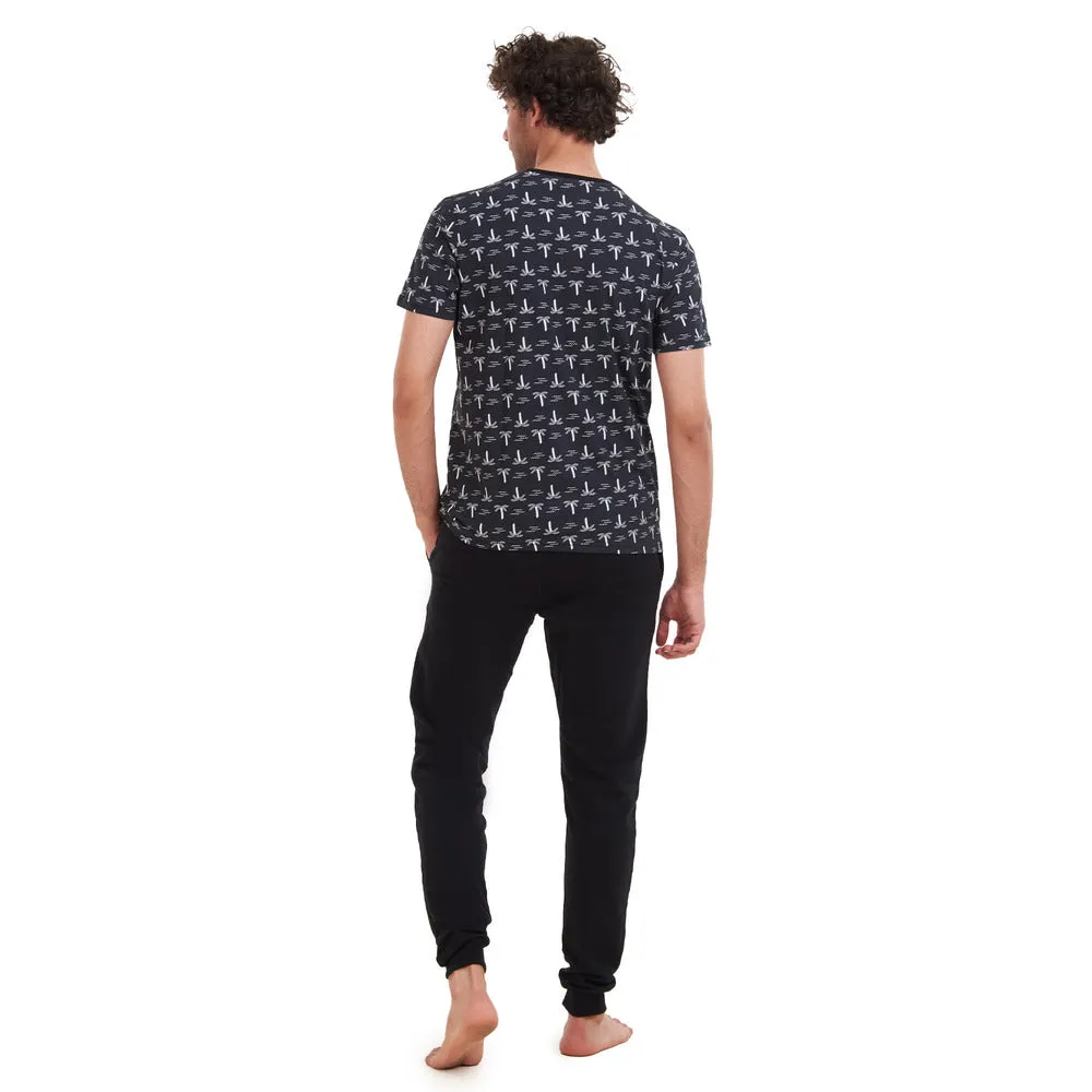 Men summer pajama set Palm Trees T-shirt   Black pants