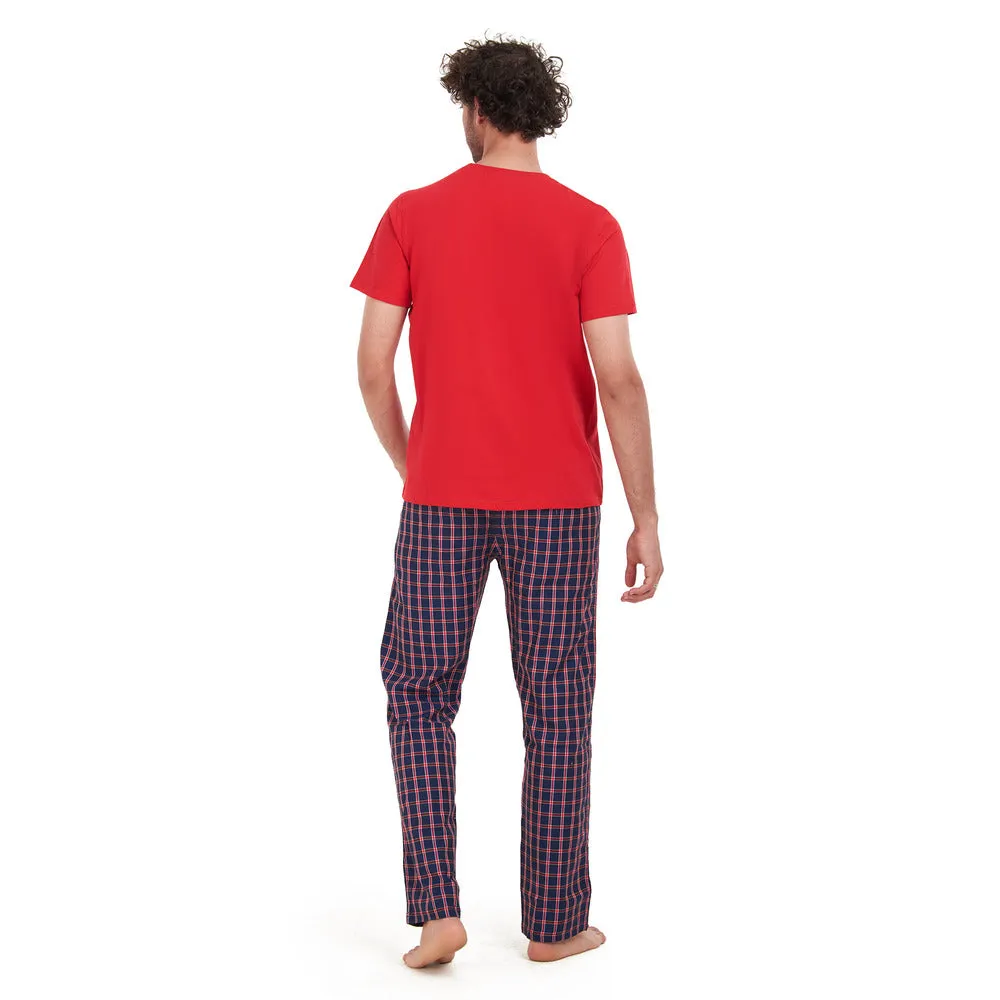 Men summer pajama set Red T-shirt   Dark Blue x Red checkered pants