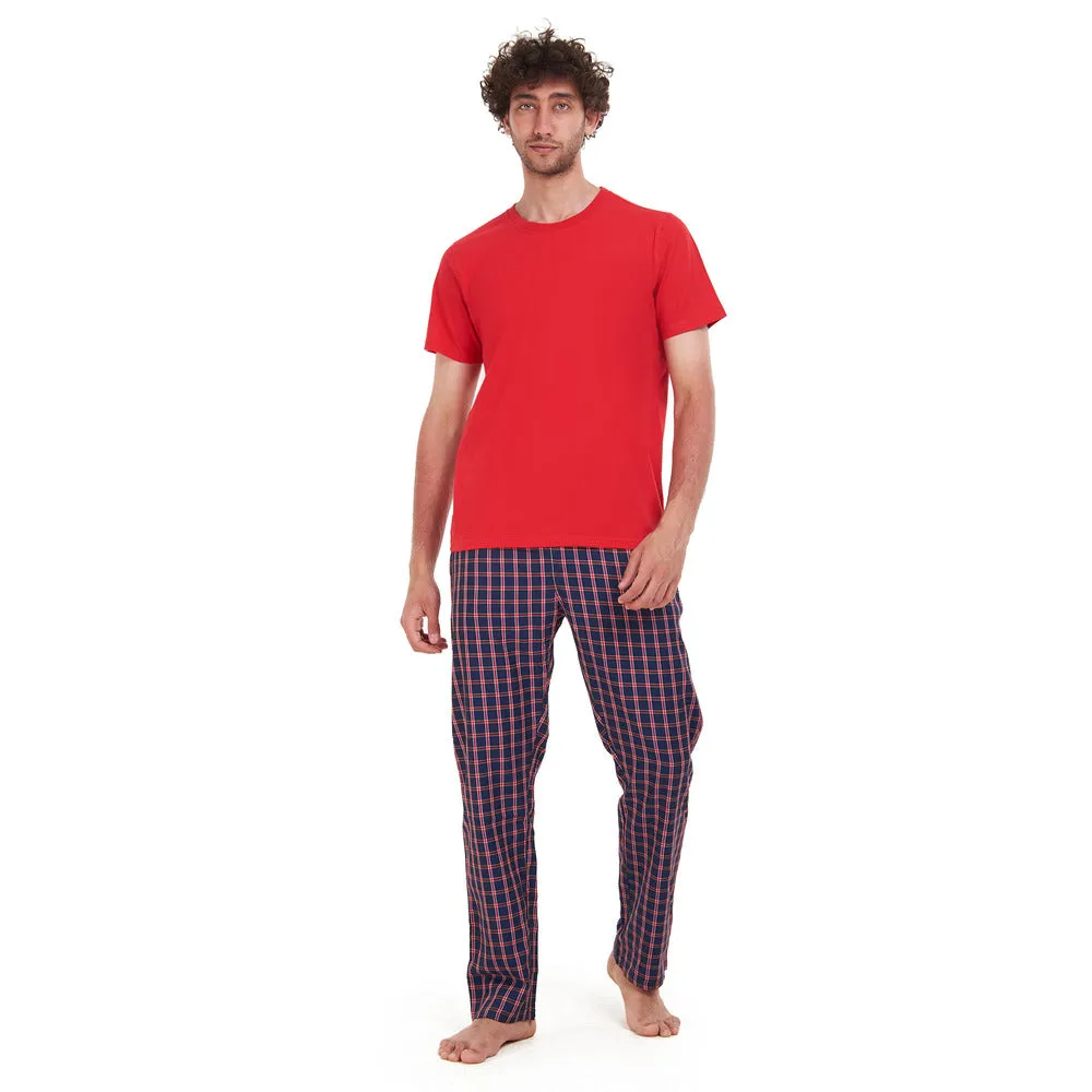 Men summer pajama set Red T-shirt   Dark Blue x Red checkered pants