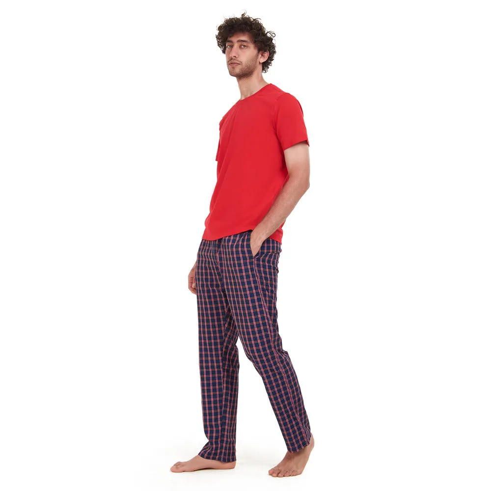 Men summer pajama set Red T-shirt   Dark Blue x Red checkered pants