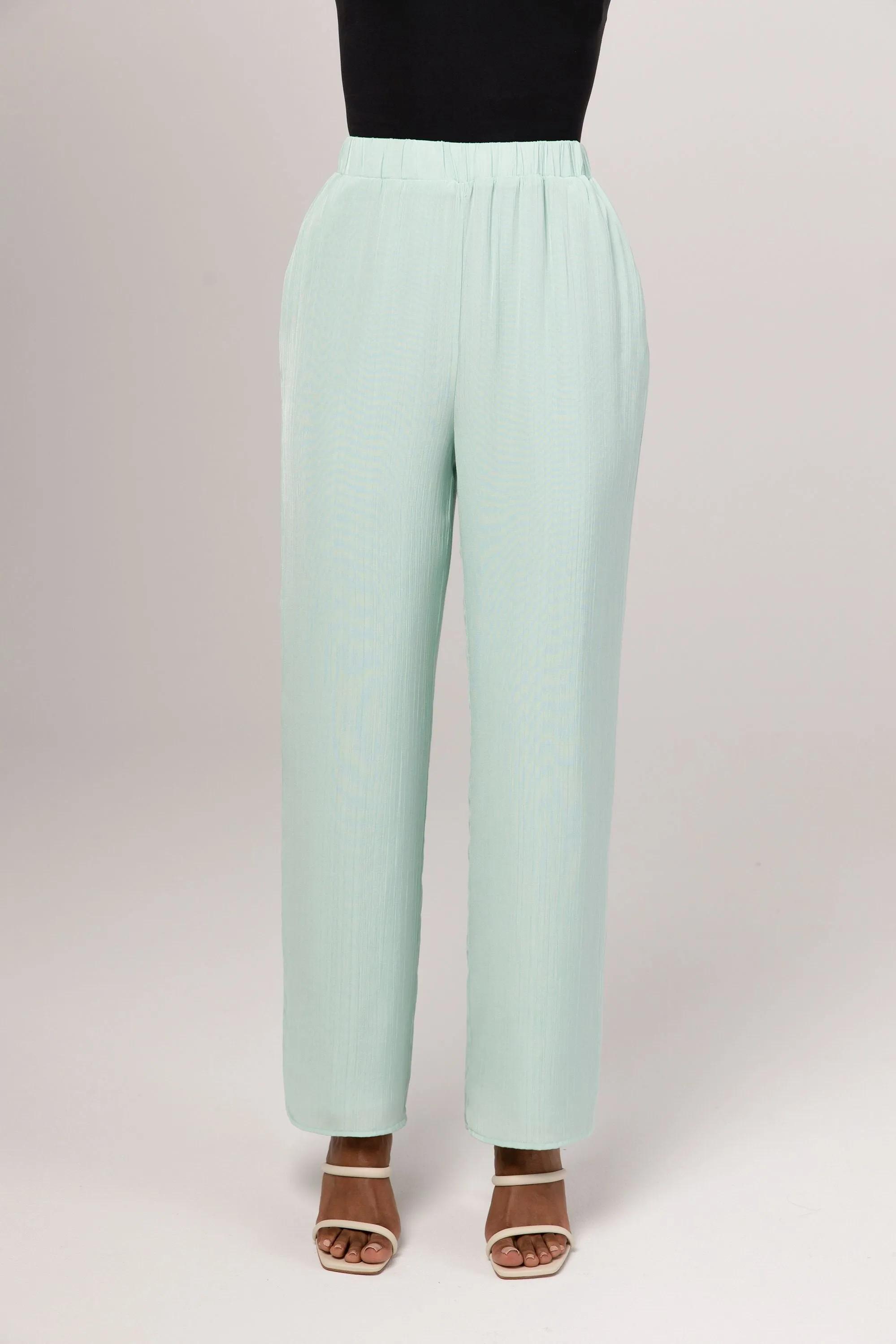 Nashwa Textured Rayon Wide Leg Pants - Mint Green