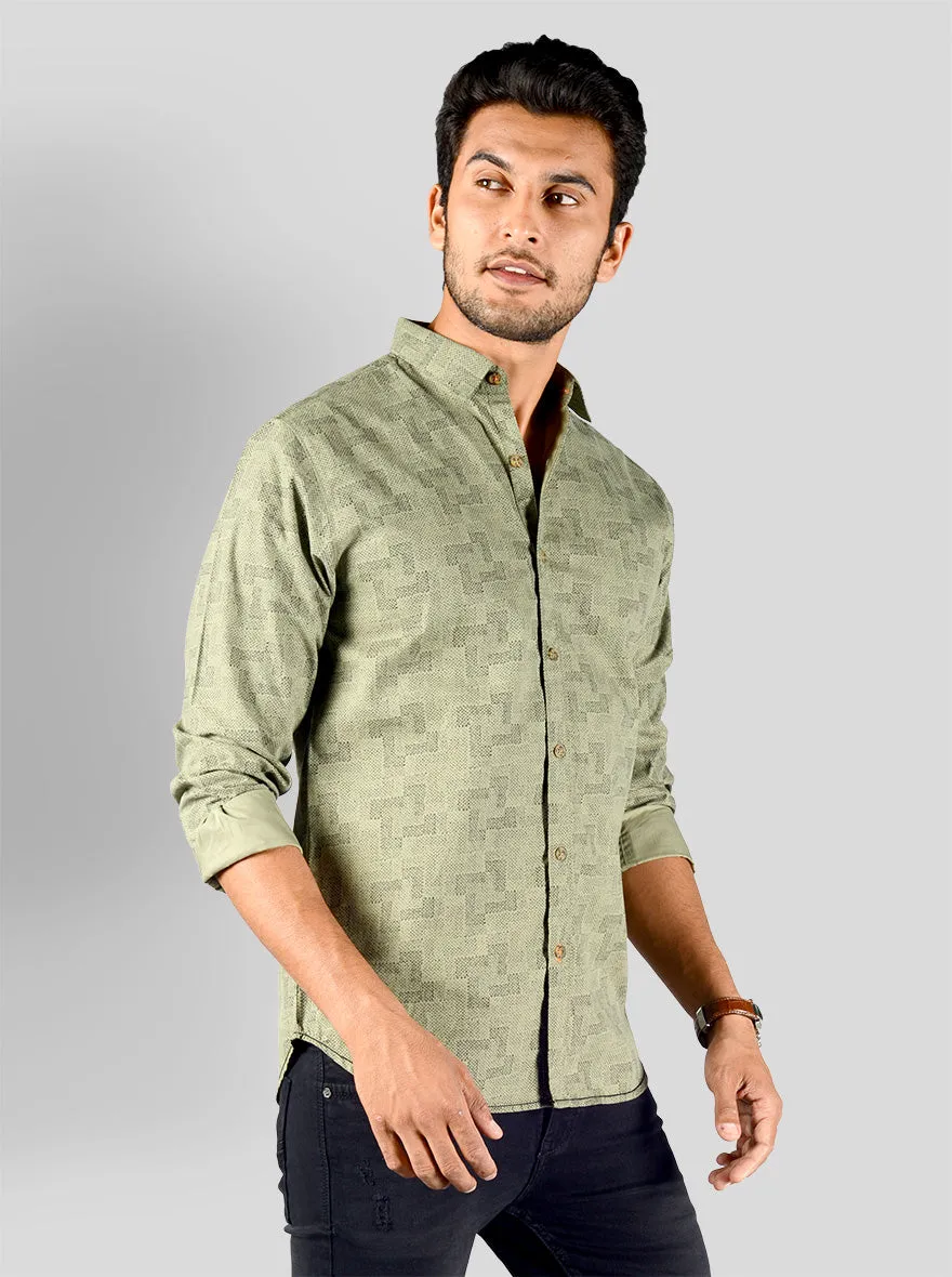 Oil Green Printed Slim Fit Casual Shirt | Greenfibre