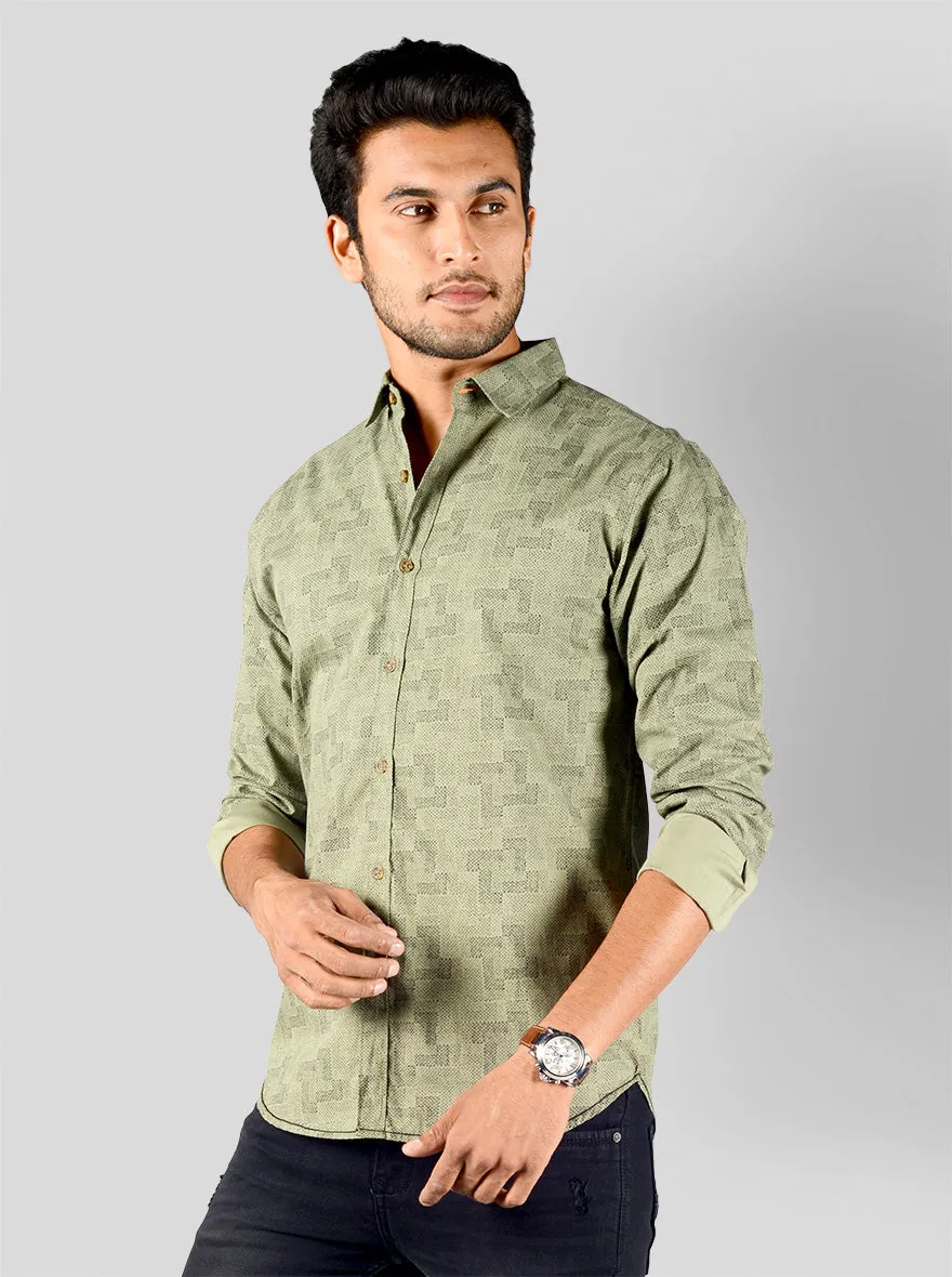 Oil Green Printed Slim Fit Casual Shirt | Greenfibre