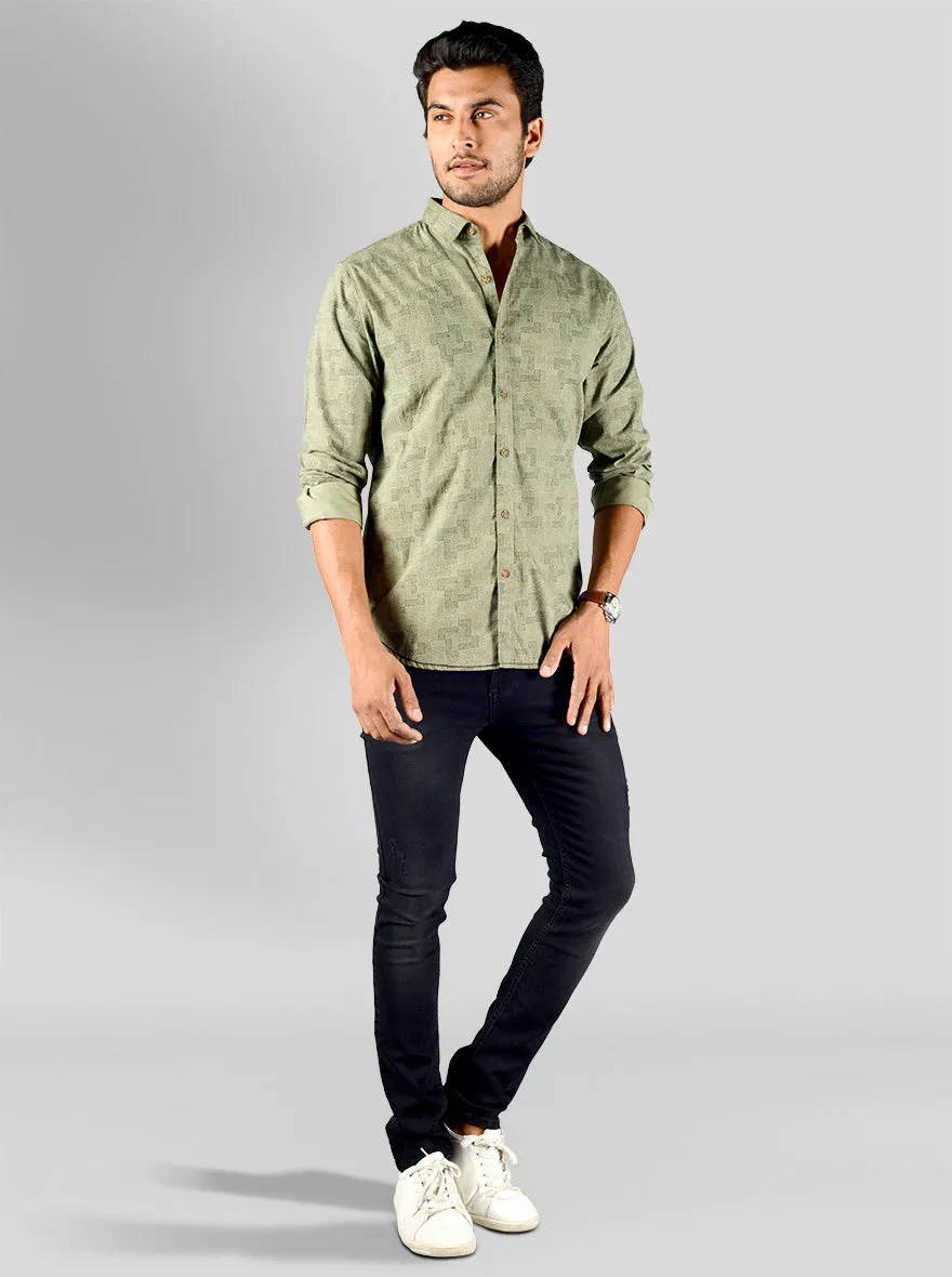 Oil Green Printed Slim Fit Casual Shirt | Greenfibre