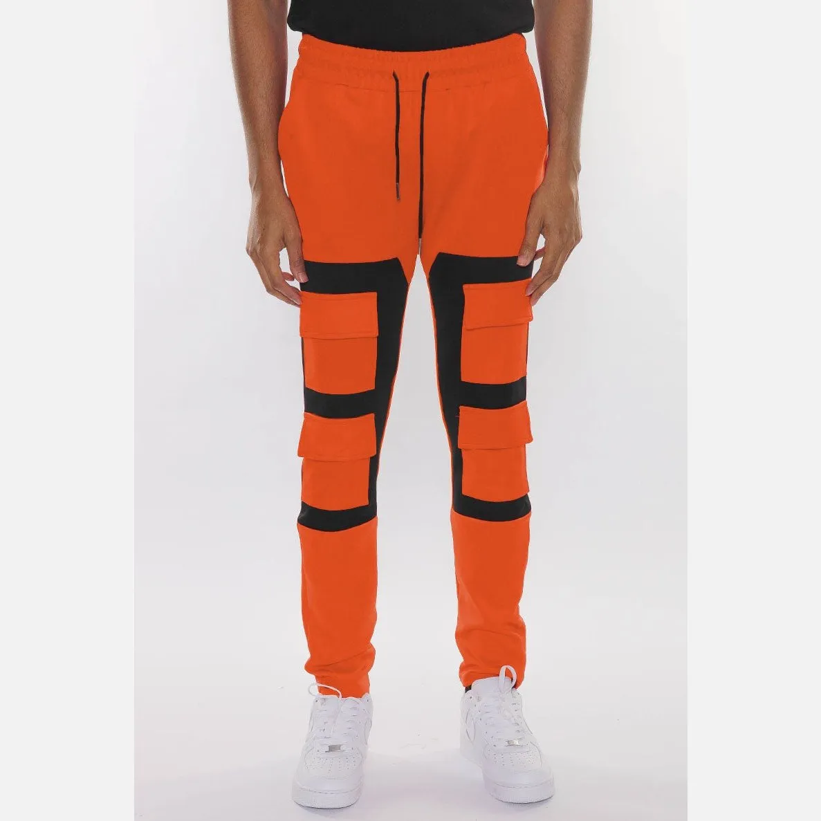 Orange & Black Cargo Block Track Pants