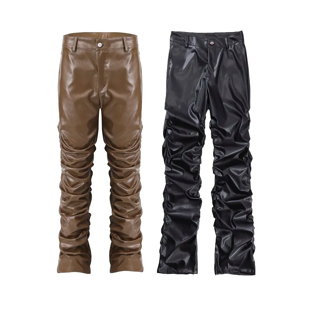 Pleated Leather Pants Men Motorcycle Leather Pants Street Wear