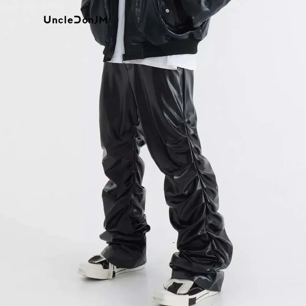 Pleated Leather Pants Men Motorcycle Leather Pants Street Wear