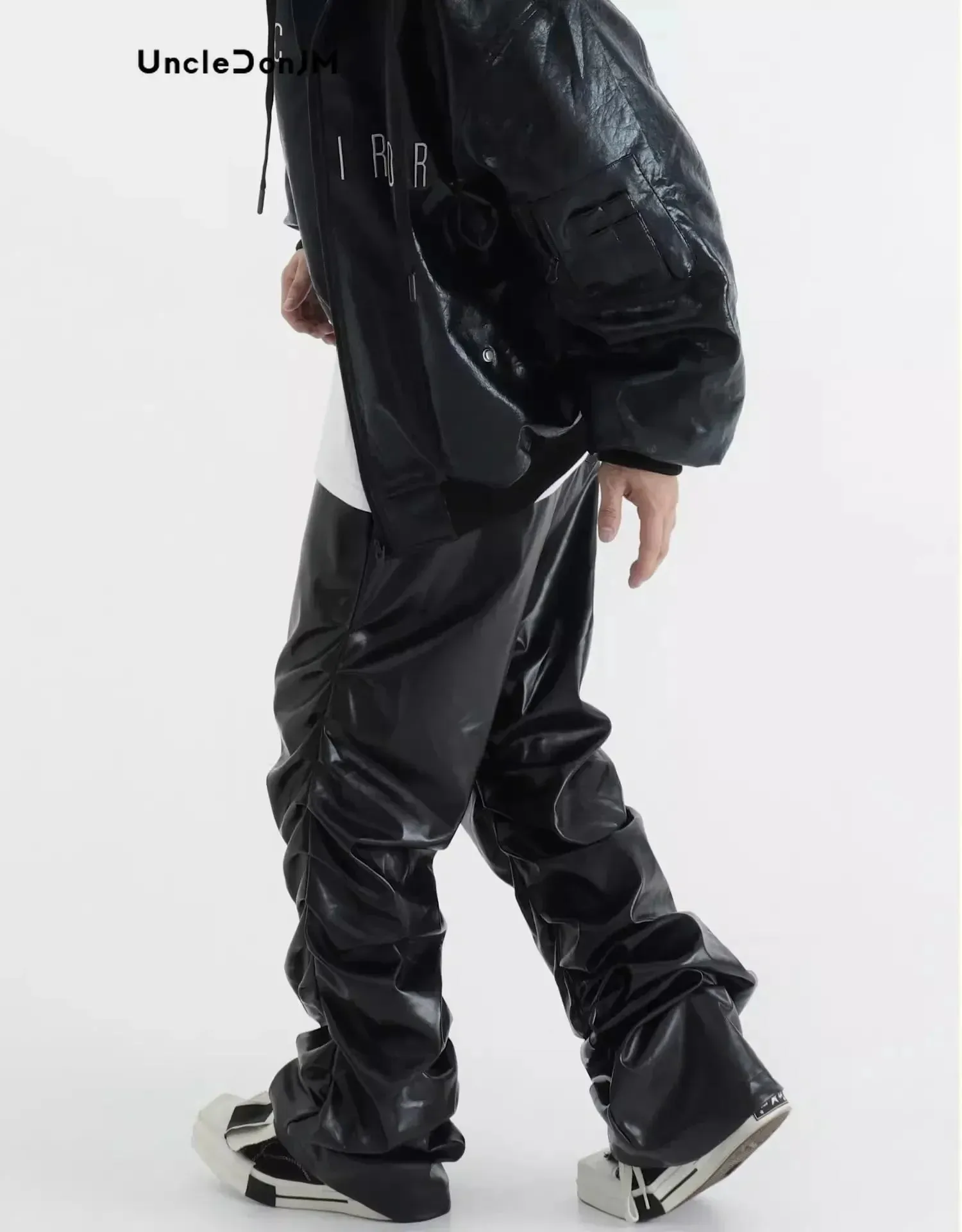 Pleated Leather Pants Men Motorcycle Leather Pants Street Wear